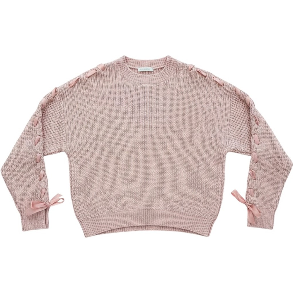 Pink Chenille Knit Sweater‎ with Satin Ribbon Lace Up Sleeve Detail Pullover